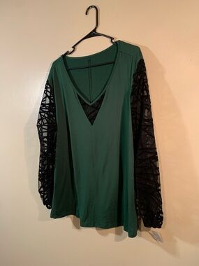 Dark Green Women's Top - Size 2XL with sheer long sleeves